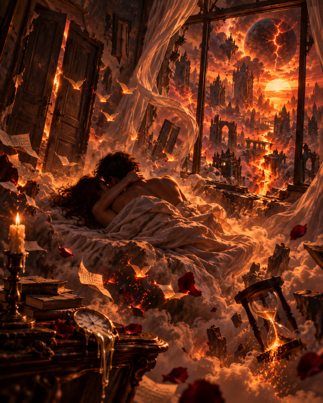 Una pareja abrazada en una cama, ajena al mundo que arde y se derrumba detrás de la ventana.